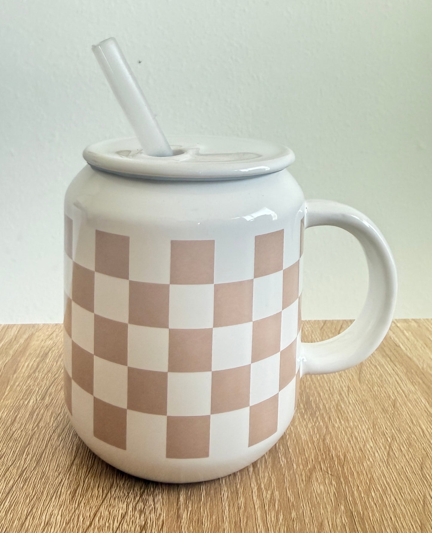 16oz Taupe Checkered Ceramic Mug With Lid